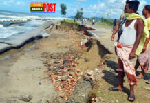 সমুদ্রে জোয়ারের ঢেউয়ের আঘাতে কক্সবাজার মেরিন ড্রাইভের টেকনাফে দুই অংশে ভাঙন